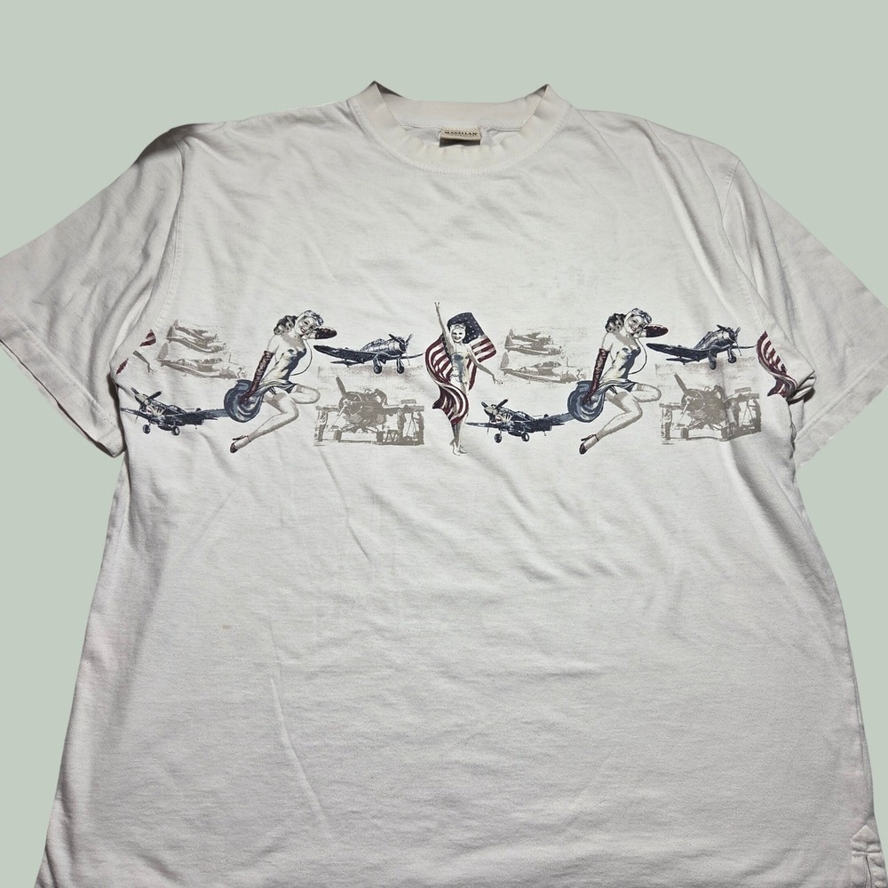 Magellan Sportswear Mens XL T-Shirt White WWII Pinup Girl Airplane Graphic Tee